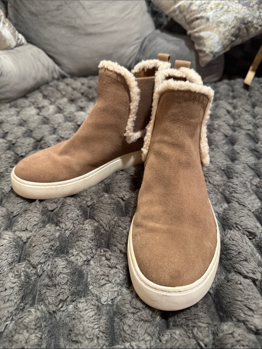 Lucky Brand Brown Suede Faux-Shearling Chelsea Booties